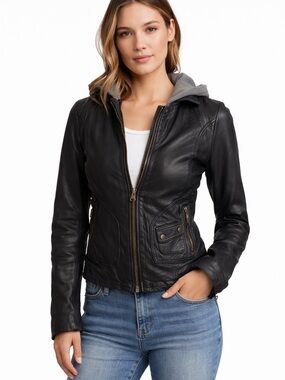 Doma Black Lambskin Leather Jacket w/ Hood Insert Zip Front Moto Style Size XS